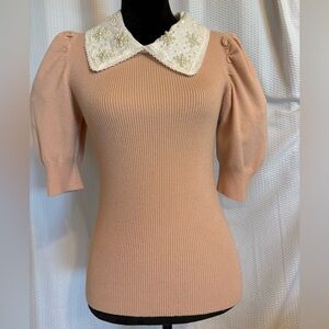 On Twelfth pink ribbed knit short sleeve sweater lace pearl collar size Large